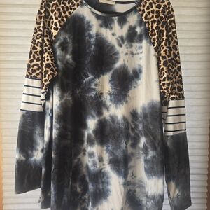 Chic Tie-Dye and Leopard Long Sleeve Top